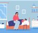 Health care flat background with mother sitting with medication near bed of her sick son vector illustration