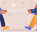Tug of war competition between man and woman. Married couple pulls rope. Vector flat illustration of rivalry, conflict in family about household and relationships